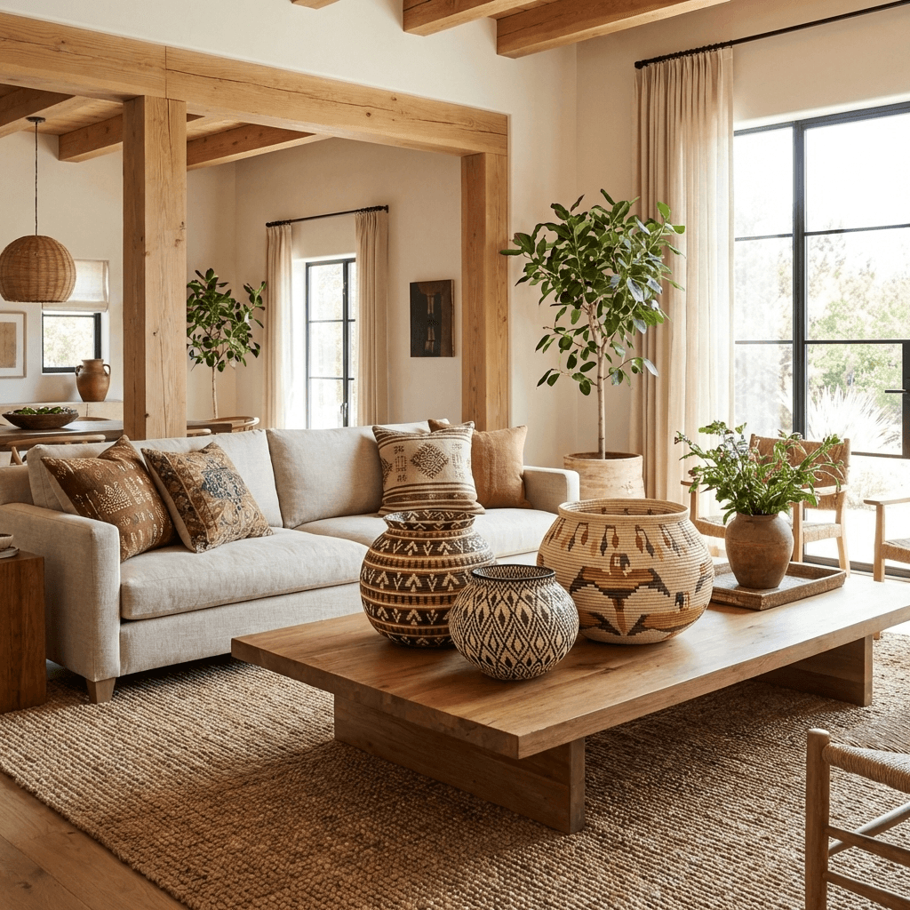 Woven basket wall decor featuring macaw motifs displayed in modern boho living room
