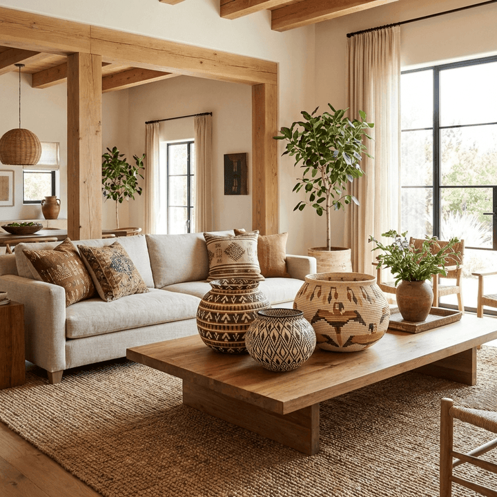 Woven basket wall decor featuring macaw motifs displayed in modern boho living room