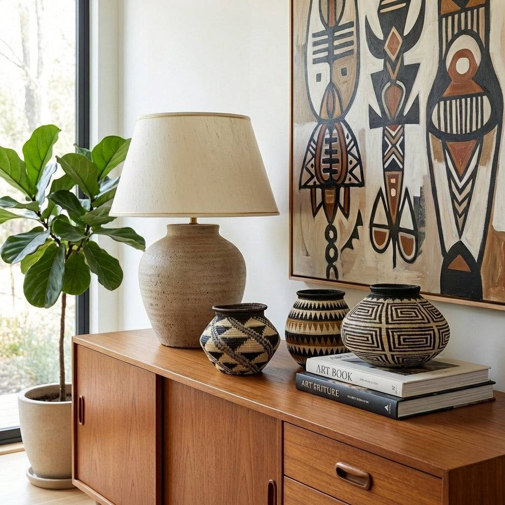 Geometric crossroads handmade basket displayed as boho console decor in modern interior