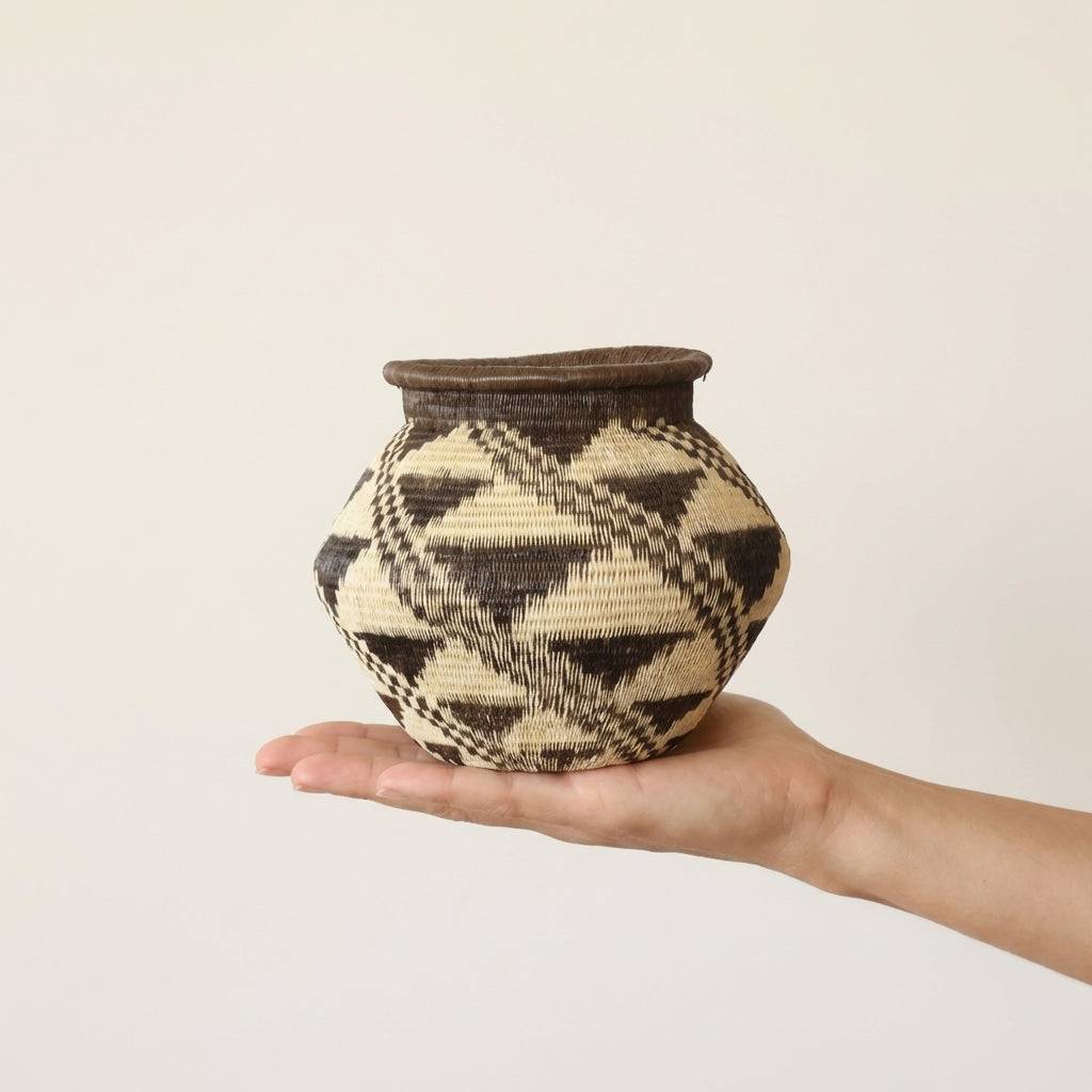 stepped diamond Wounaan basket with geometric patterns handwoven by indigenous artisans from Panama