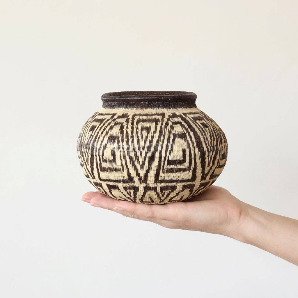 Intricate labyrinth pattern woven basket by Wounaan artisans from Panama Darién rainforest