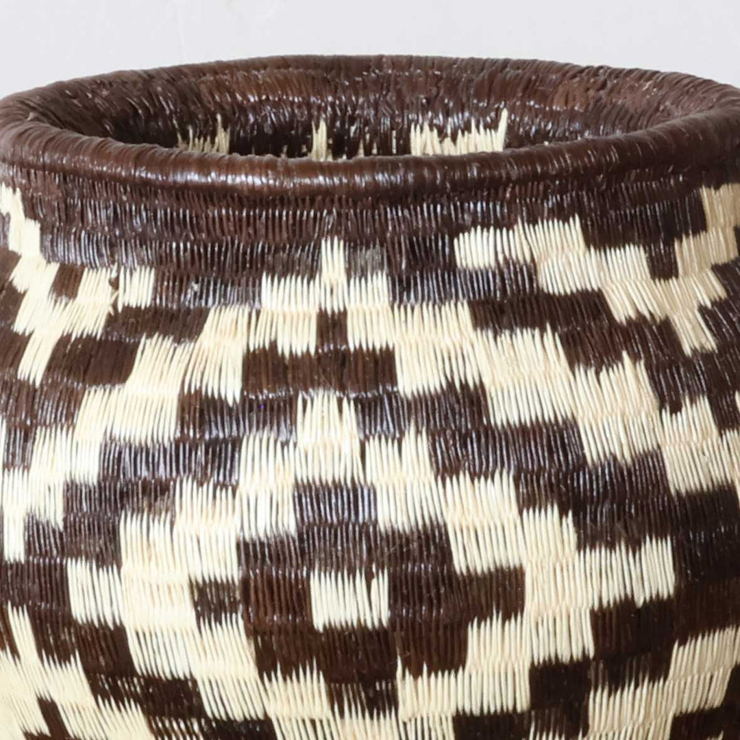 Close-up werregue palm fiber diamond weave pattern detail on authentic Wounaan basket