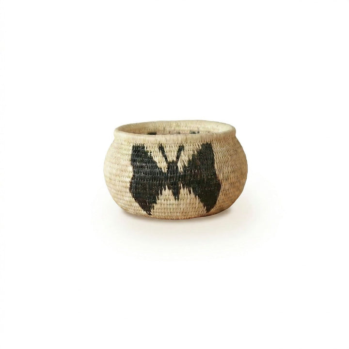 Vintage mini handmade basket with black butterflies motif woven in traditional palm fiber by indigenous artisans