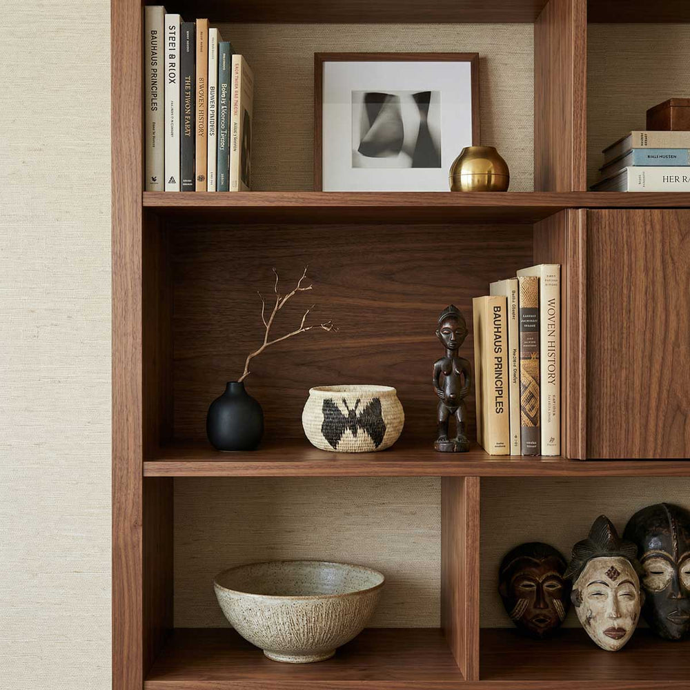 Vintage black butterflies mini basket displayed on modern bookshelf as decor accent piece