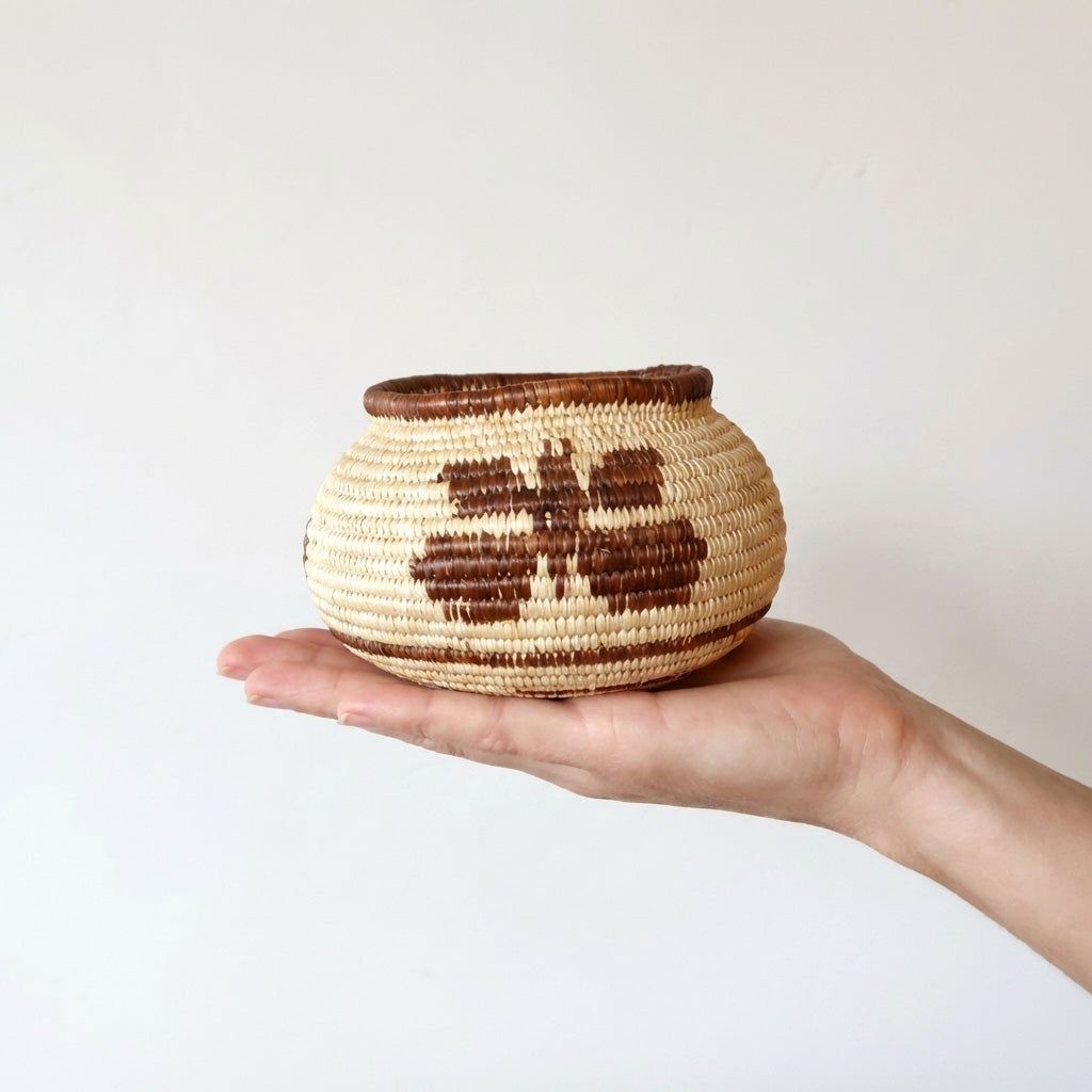 Small handmade basket with vintage brown butterfly pattern woven in palm fiber by indigenous artisan