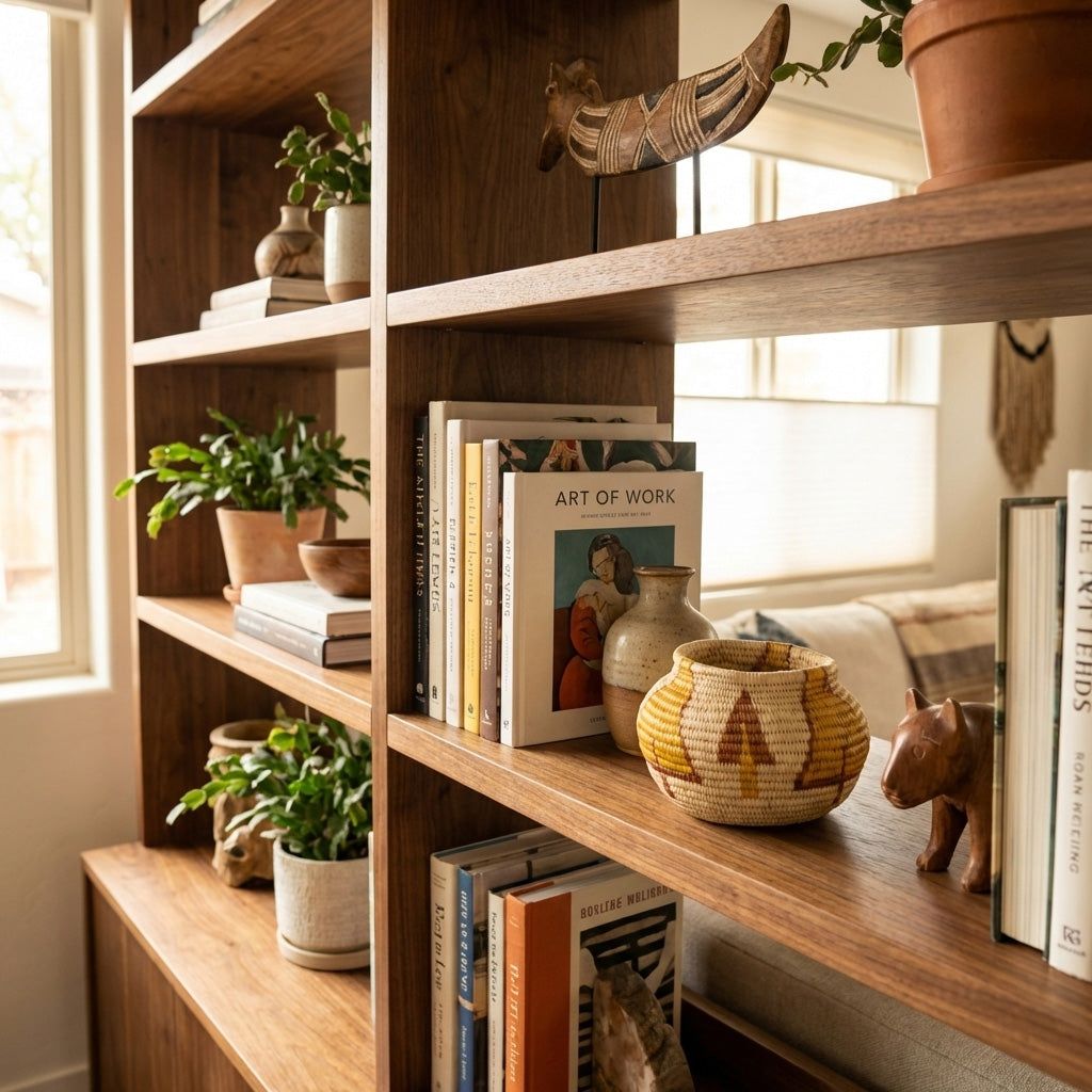 Mini woven basket with gold tree design displayed on modern boho shelf styling