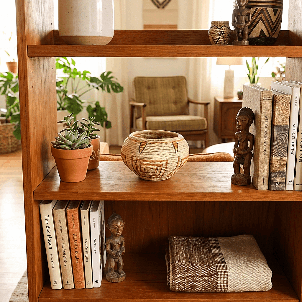 Decorative mini basket with golden lines displayed on modern shelf decor
