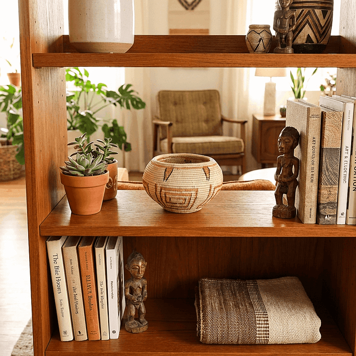 Decorative mini basket with golden lines displayed on modern shelf decor