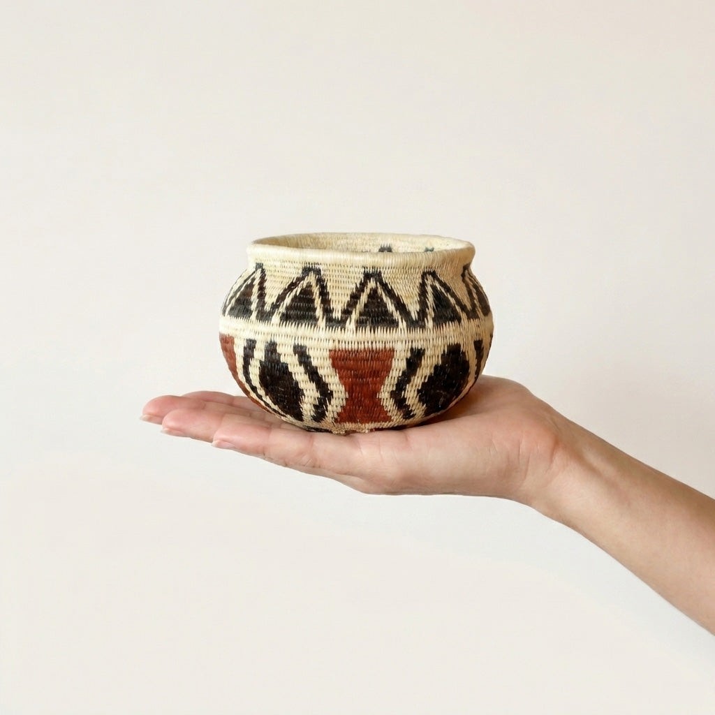 Small handwoven basket with black triangle pattern and lined interior, vintage-style decorative basket