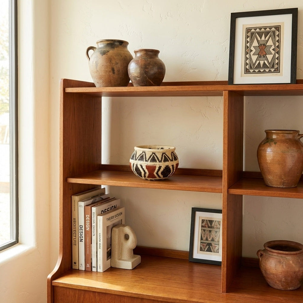 Vintage triangle mini basket displayed on modern wooden shelf with boho decor elements