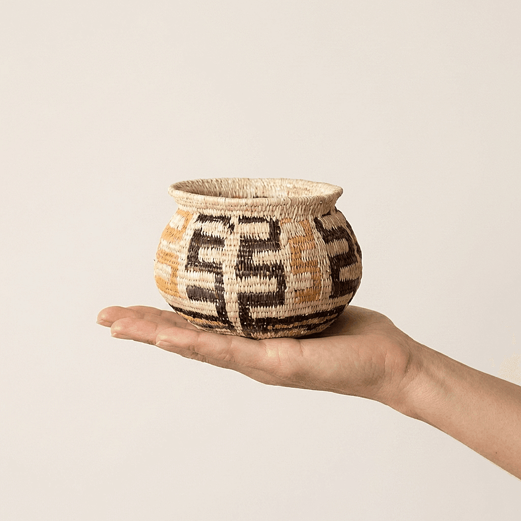 Small woven basket black orange ladder pattern by Wounaan artisans from Panama Darién rainforest