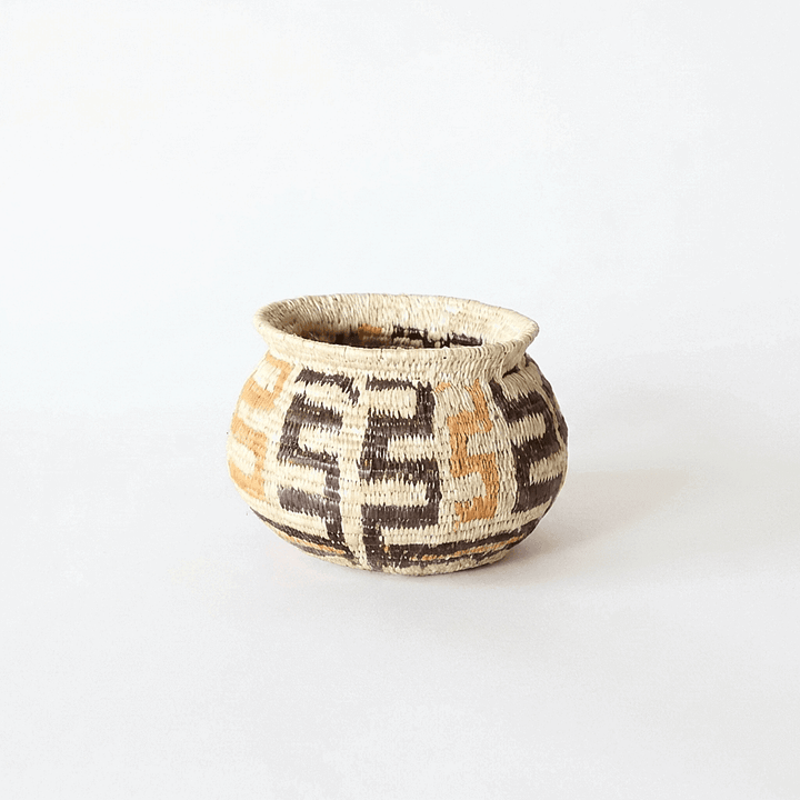 Small woven basket black orange ladder pattern by Wounaan artisans from Panama Darién rainforest