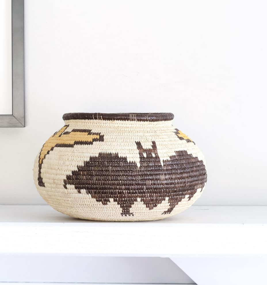 Vintage Bats Birds – critters motif – woven basket – baskets – handwoven in Panama