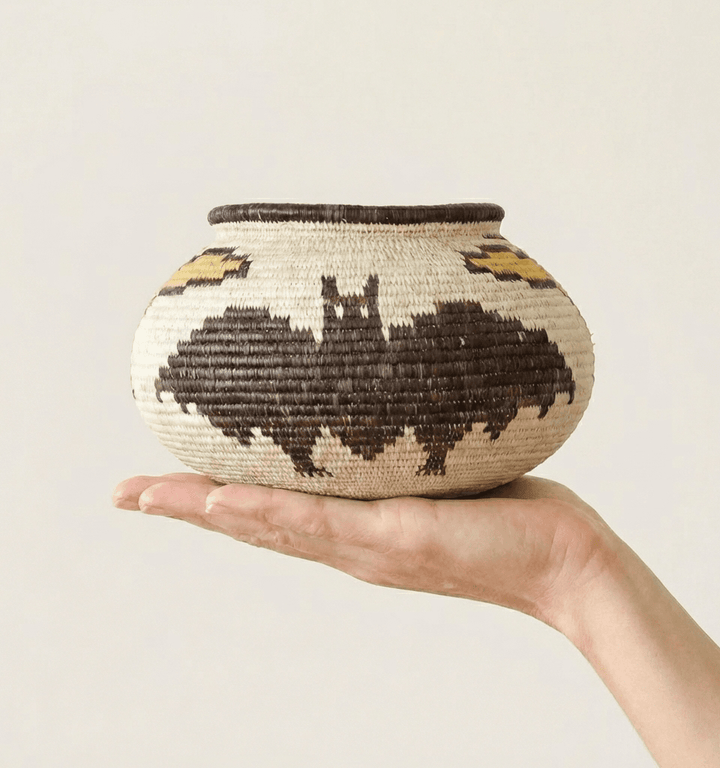 Small woven palm basket with vintage bats and birds motifs by Wounaan artisans from Panama