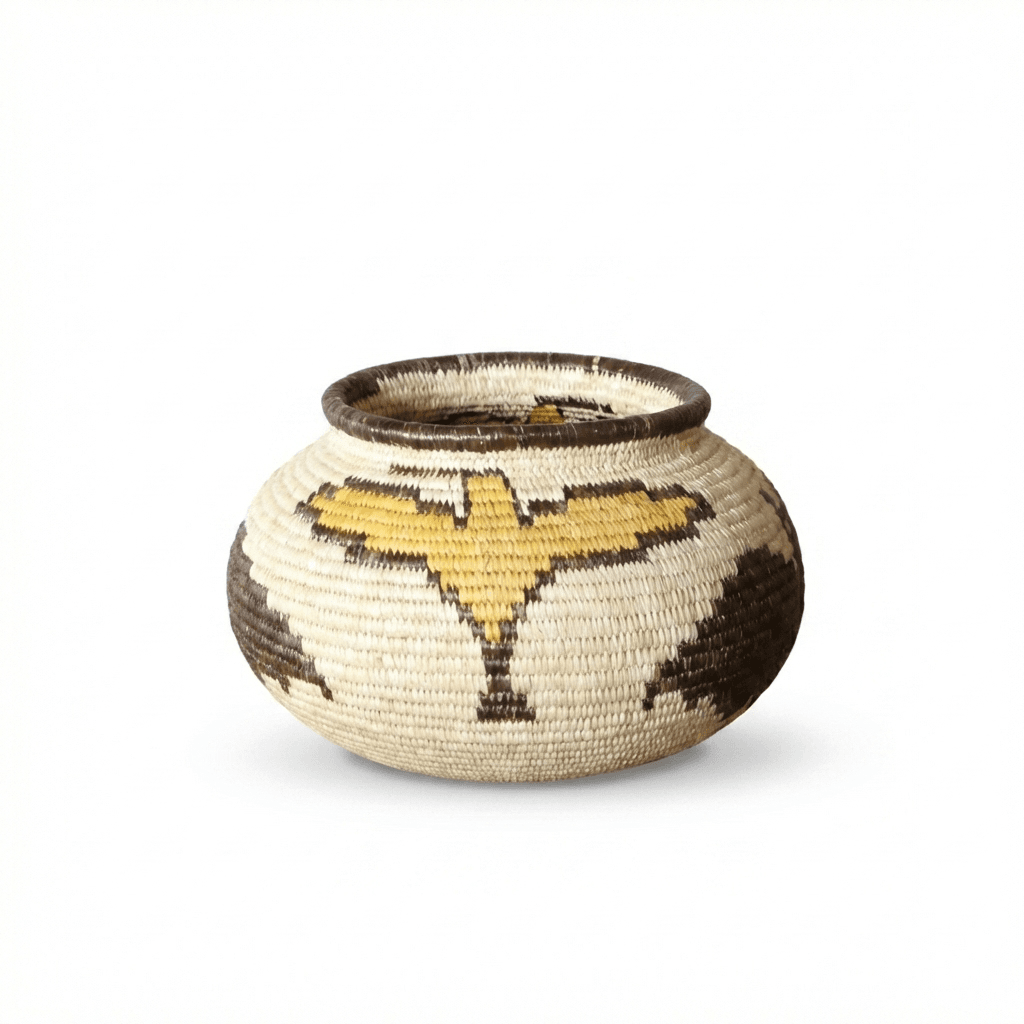 Small woven palm basket with vintage bats and birds motifs by Wounaan artisans from Panama