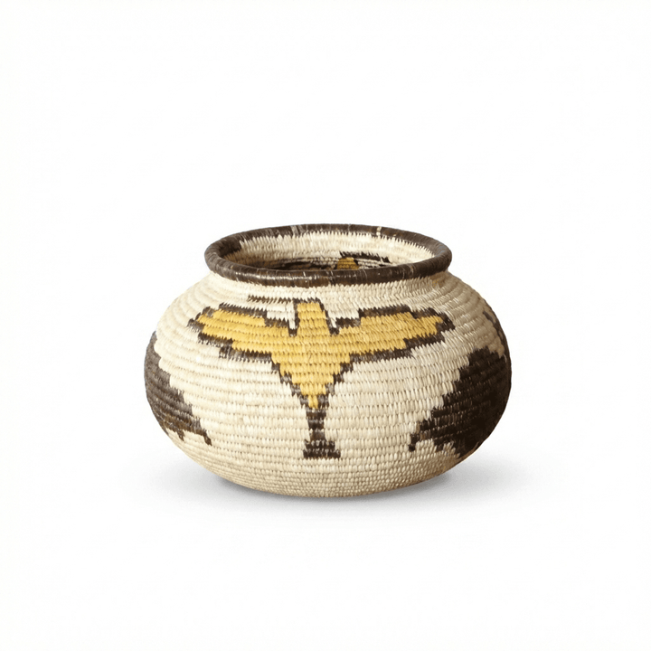 Small woven palm basket with vintage bats and birds motifs by Wounaan artisans from Panama
