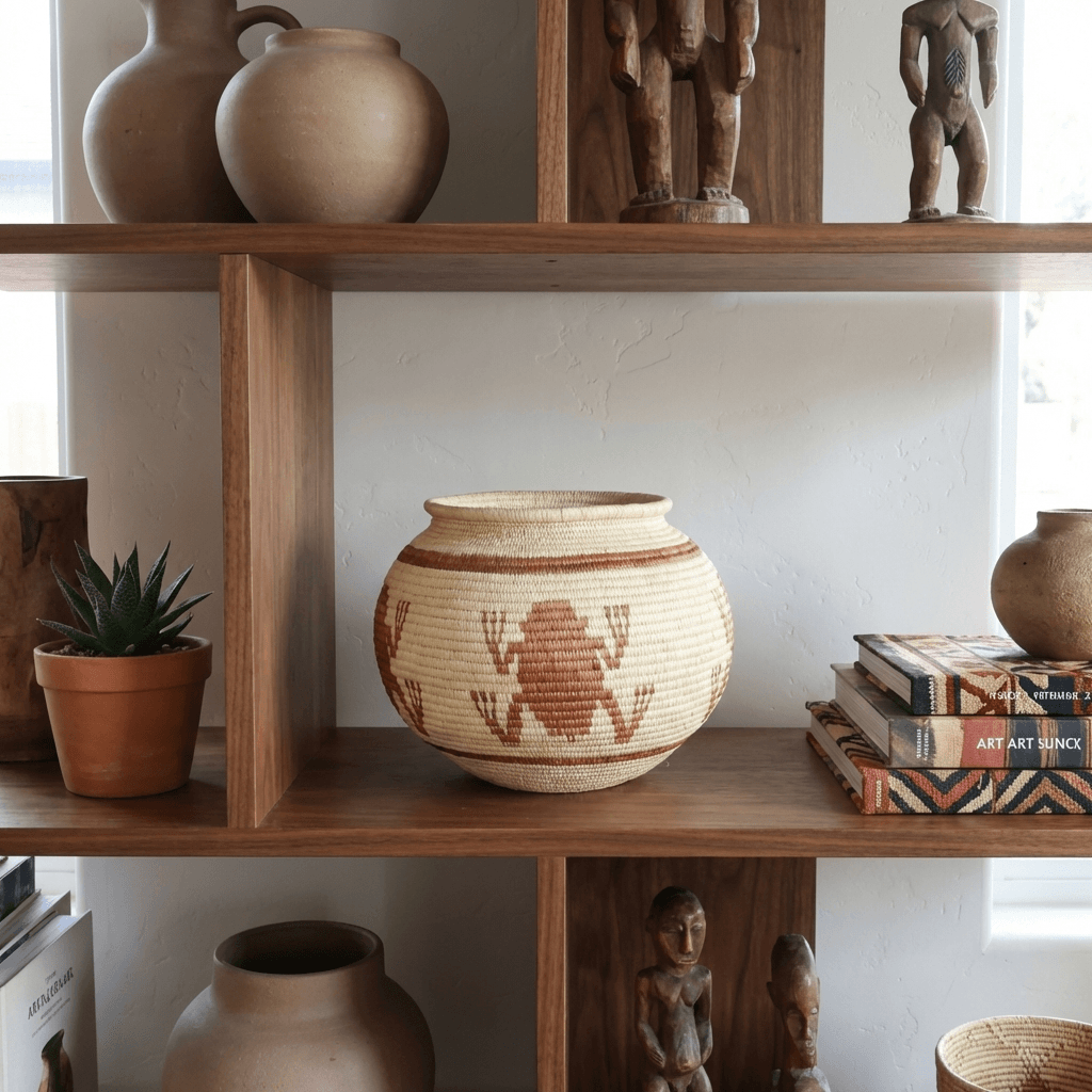 Handmade mini basket displayed on wooden shelf with other indigenous decorative baskets
