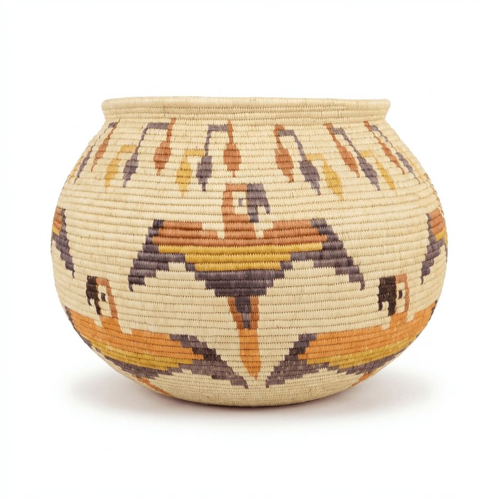 Large decorative basket with vintage macaw and berry motifs by Wounaan artisans from Panama