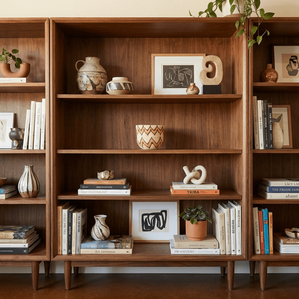 Decorative woven mini basket displayed on modern bookshelf with boho home decor styling