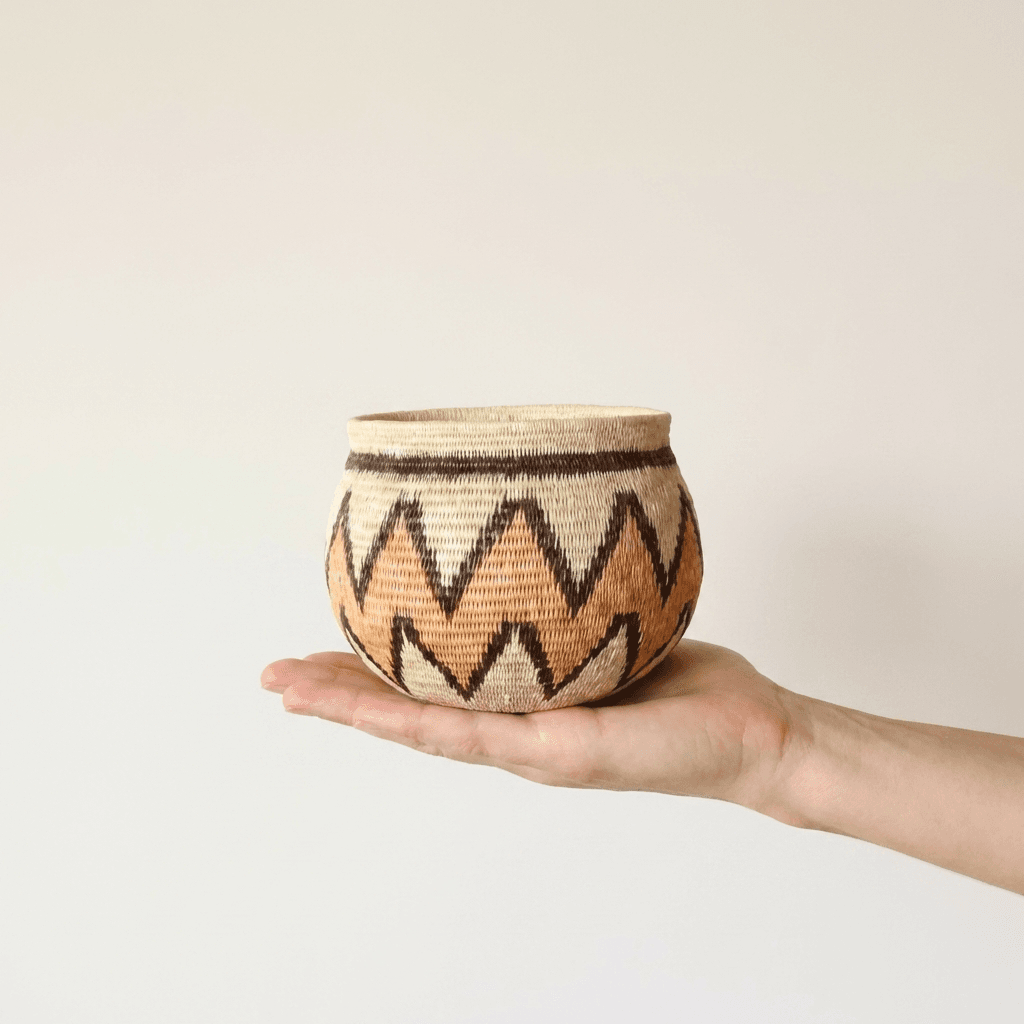 Mini handmade basket orange black zigzag pattern cream base palm fiber indigenous artisan weave