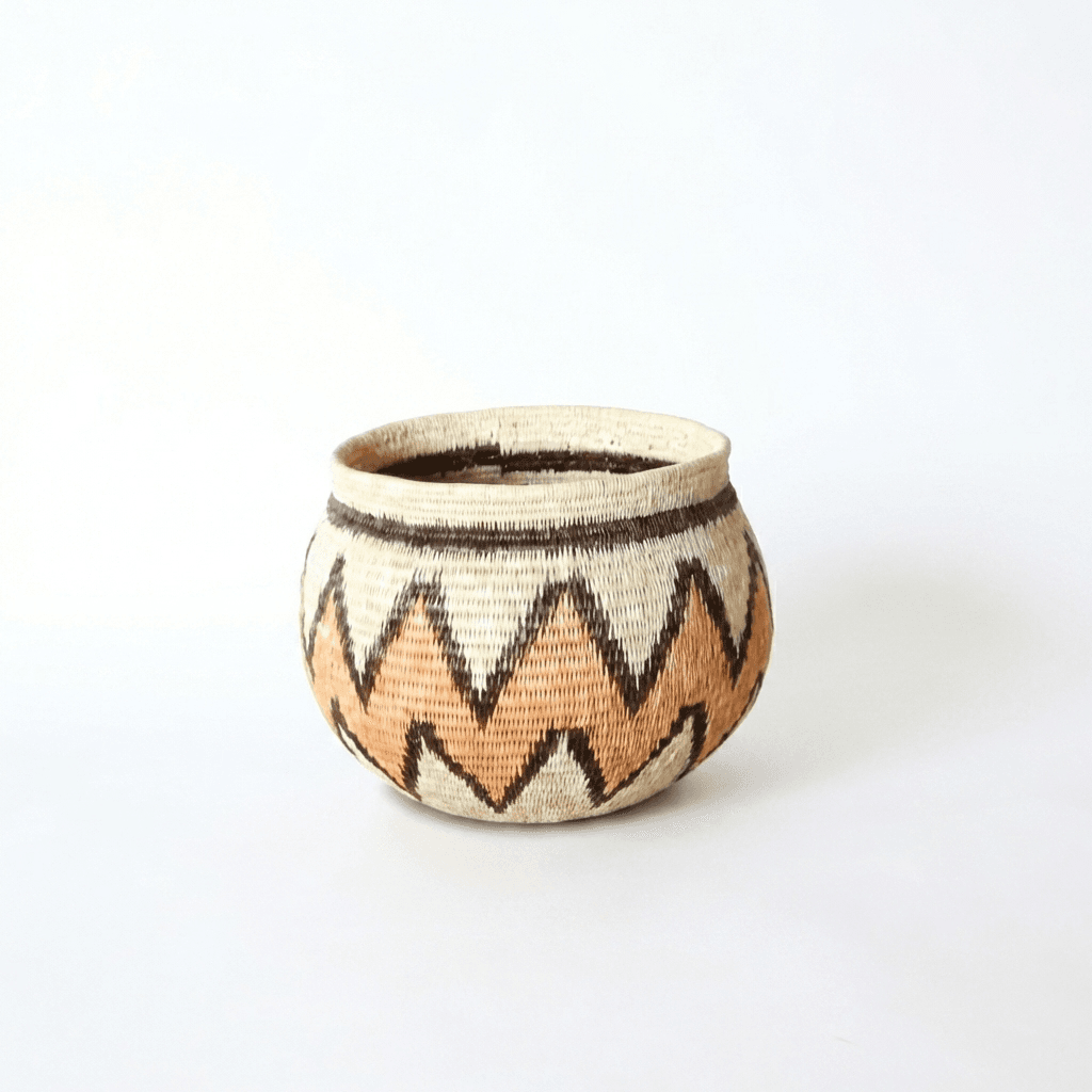 Mini handmade basket orange black zigzag pattern cream base palm fiber indigenous artisan weave