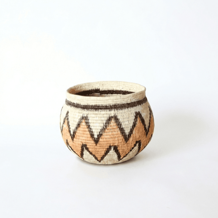Mini handmade basket orange black zigzag pattern cream base palm fiber indigenous artisan weave
