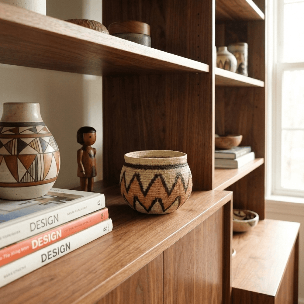 Decorative mini basket displayed on wooden shelf with books modern home interior styling