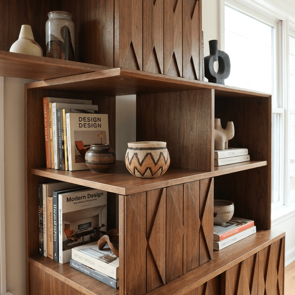 Decorative mini basket displayed on boho shelf with book modern home interior styling