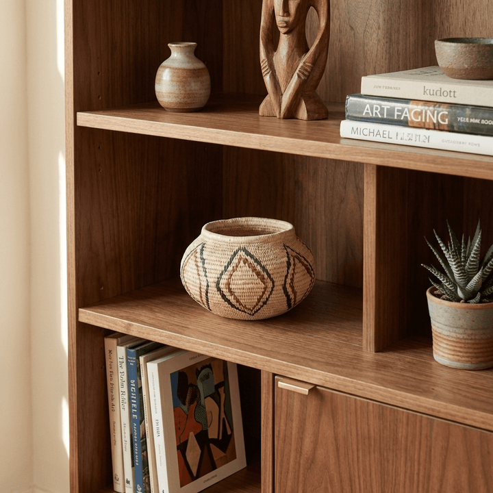 Vintage diamonds mini basket displayed on modern shelf with boho decor styling