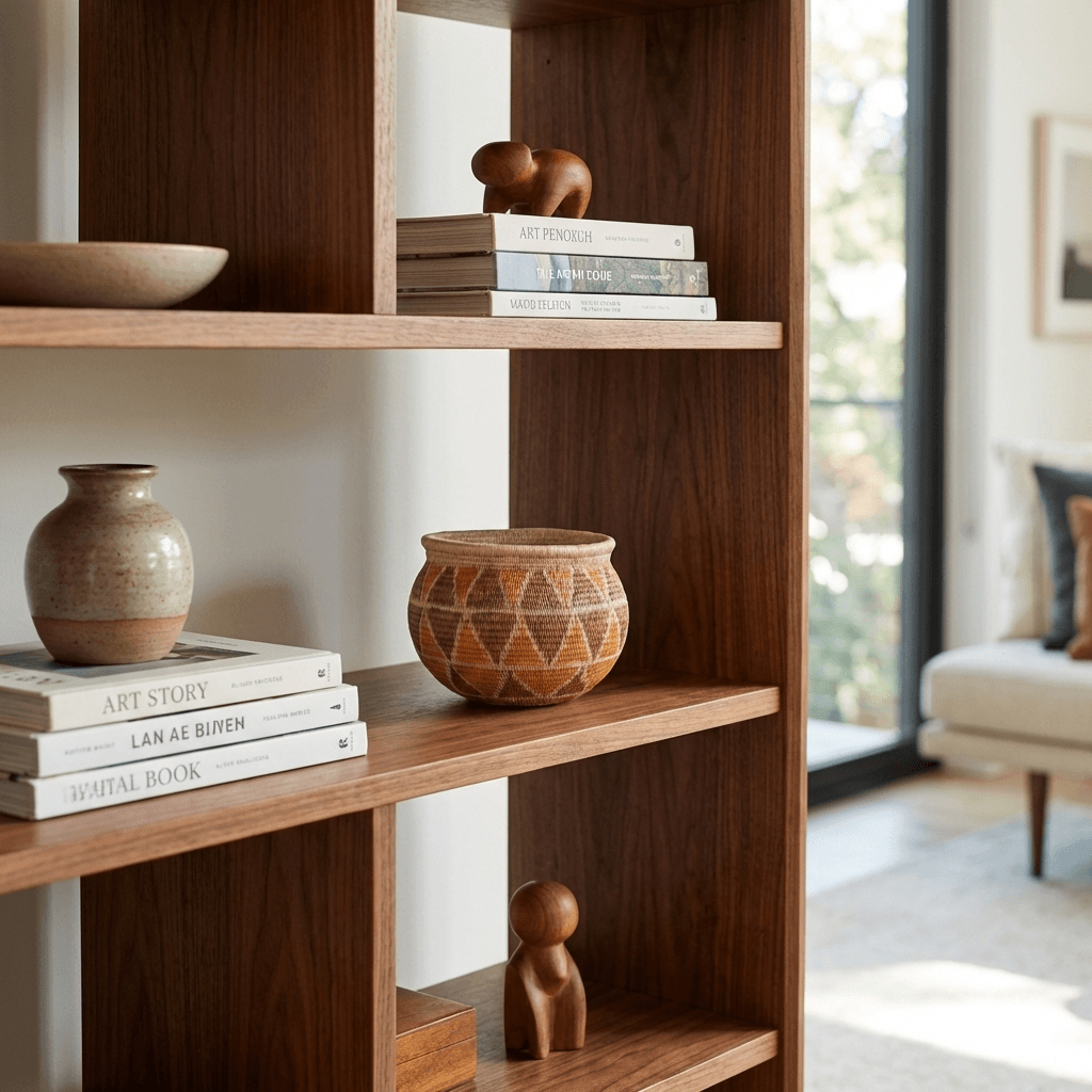Vintage orange brown mini basket displayed on wooden shelf with books creating modern decor accent