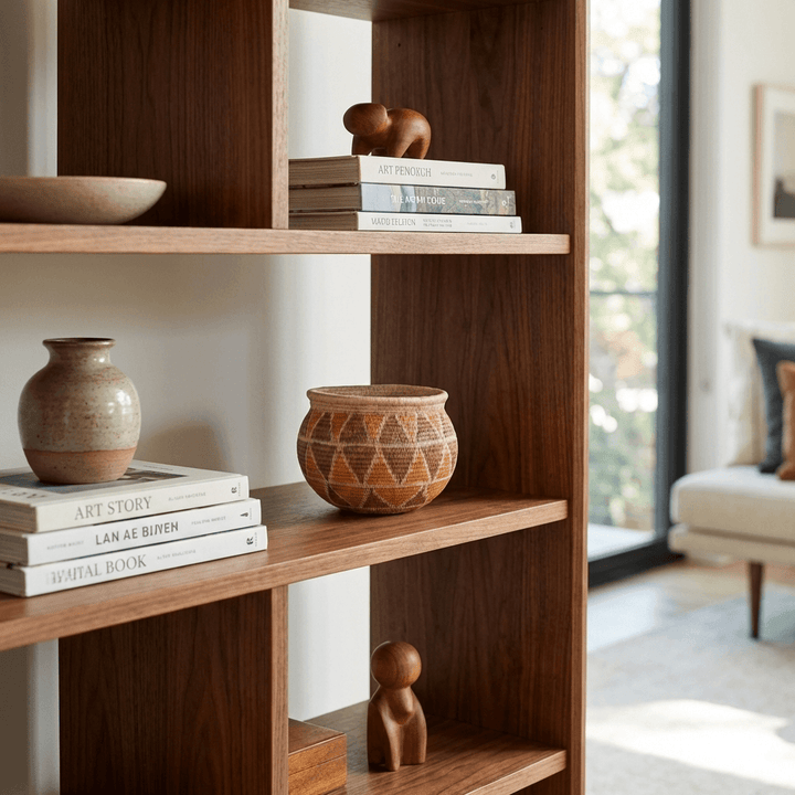 Vintage orange brown mini basket displayed on wooden shelf with books creating modern decor accent