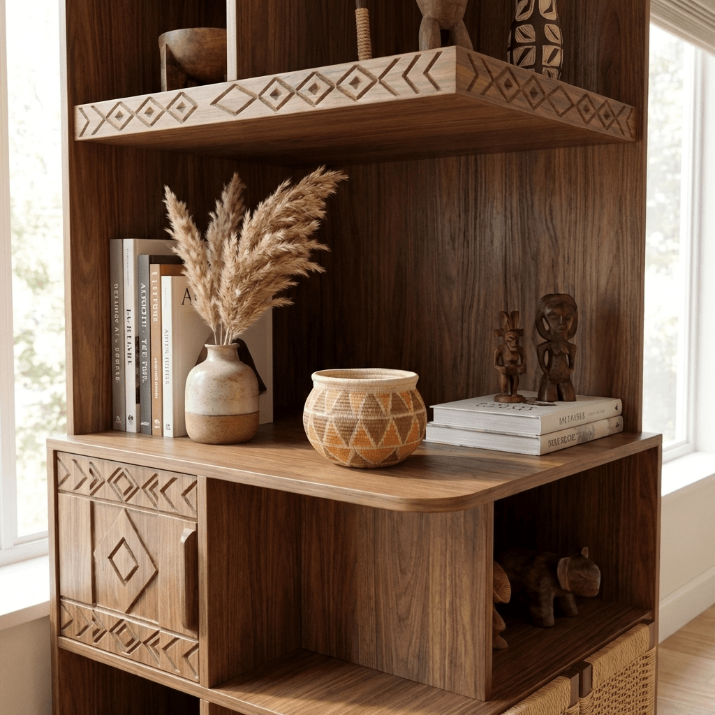Vintage orange brown mini basket displayed on wooden shelf with books creating modern tribal decor accent