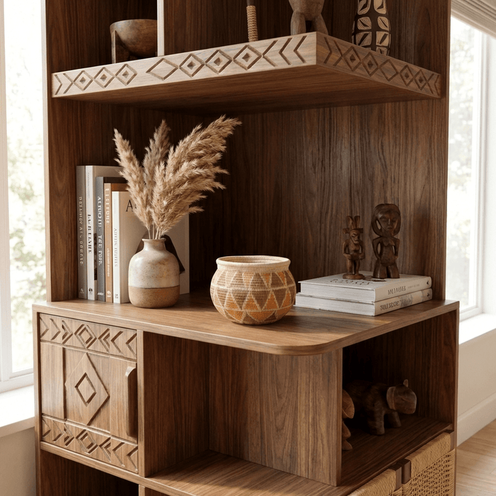 Vintage orange brown mini basket displayed on wooden shelf with books creating modern tribal decor accent