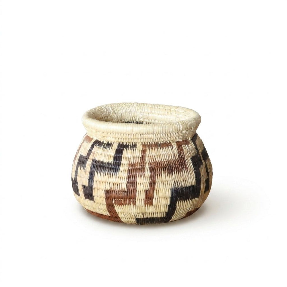Vintage handwoven Wounaan basket showing mellowed earth-tone meander pattern and rolled rim, Darién Panama