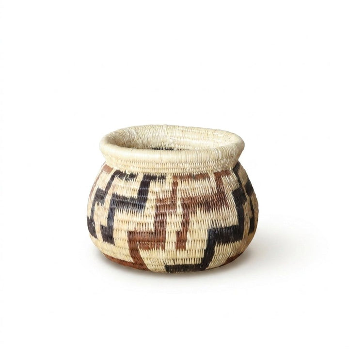 Vintage handwoven Wounaan basket showing mellowed earth-tone meander pattern and rolled rim, Darién Panama