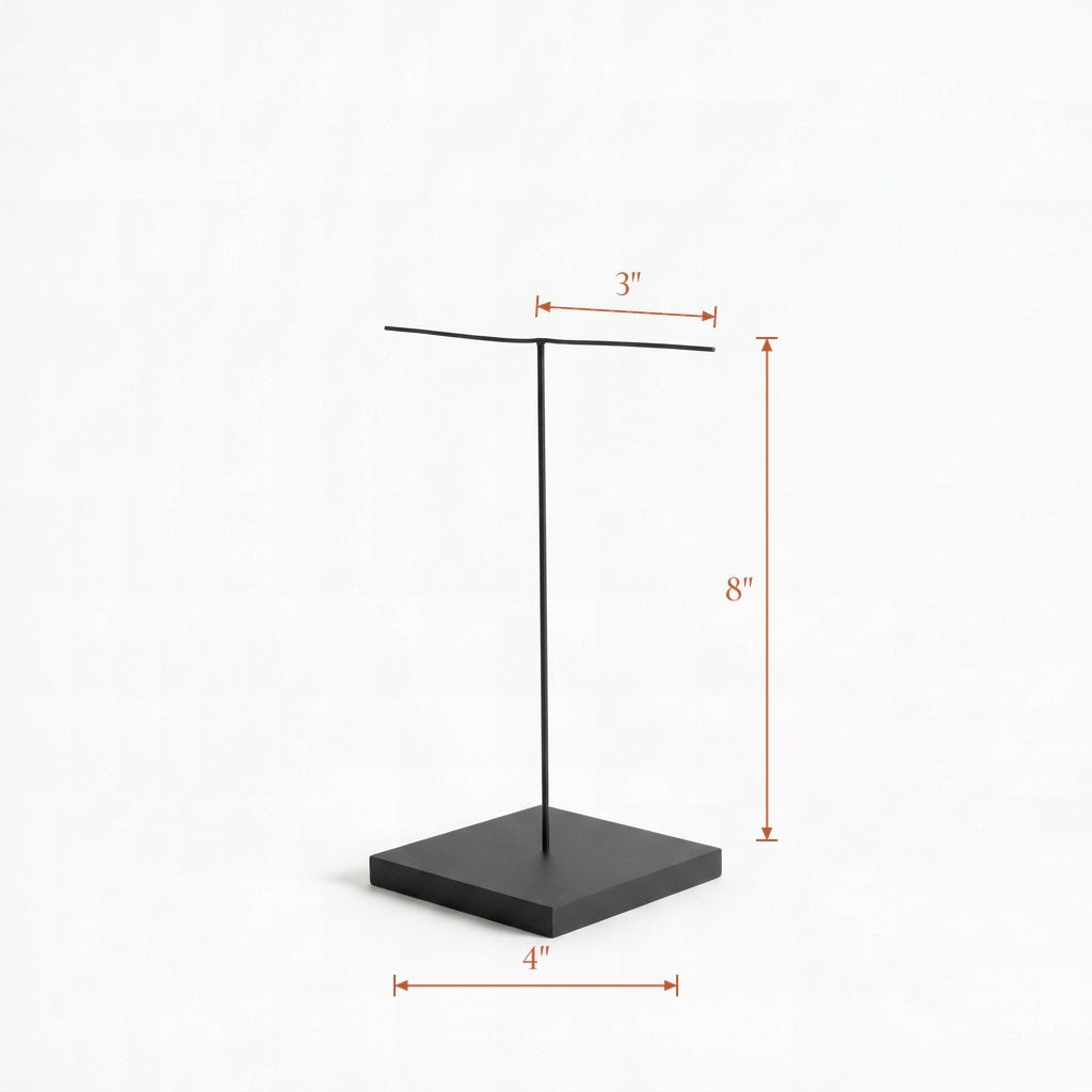 Black mask display stand, T-Arm, 4 inch base, 8 inch pole, two 3 inch bendable arms