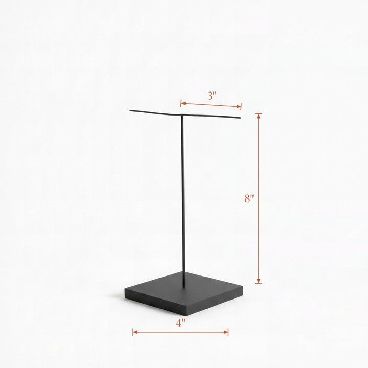 Black mask display stand, T-Arm, 4 inch base, 8 inch pole, two 3 inch bendable arms