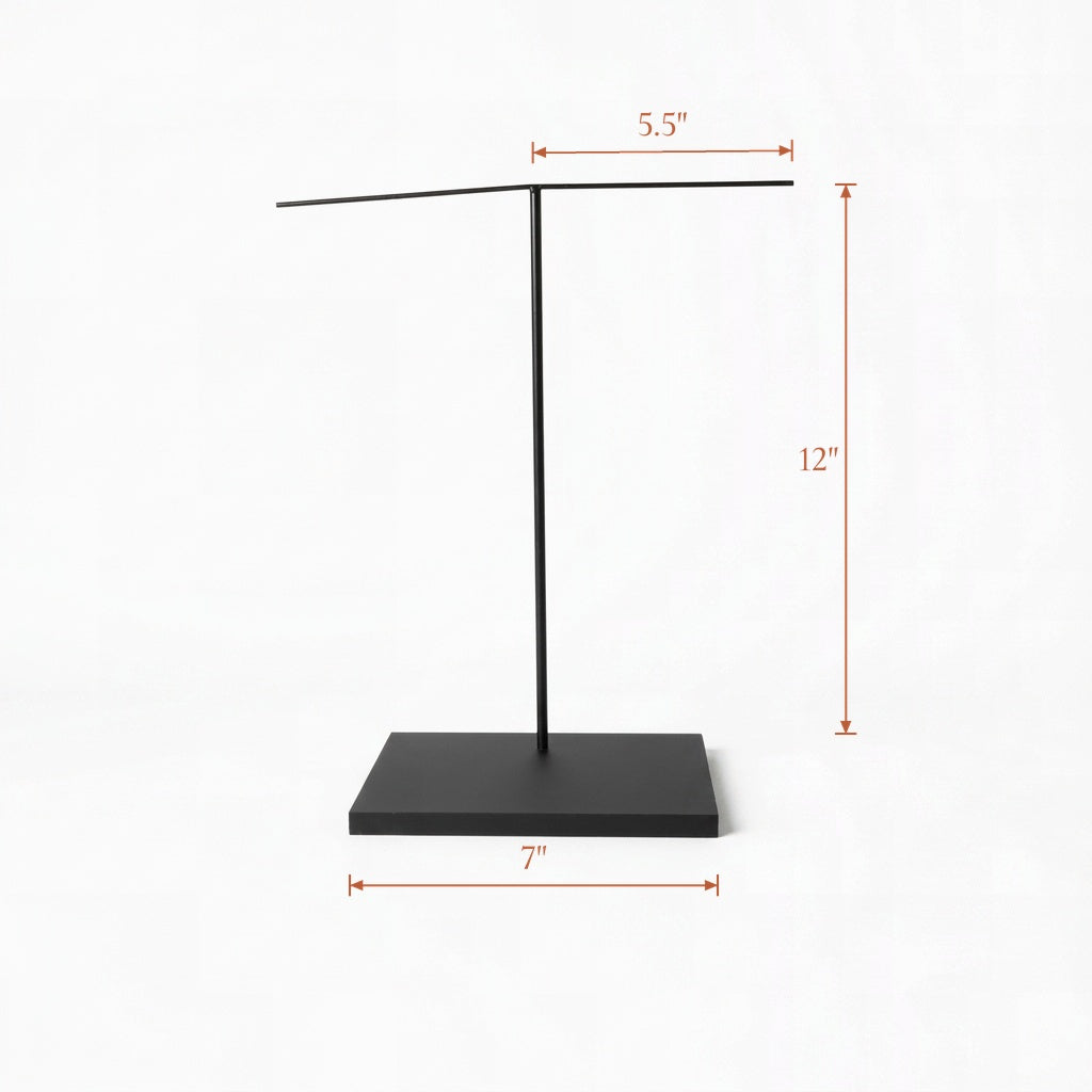 Black mask display stand, T-Arm, 7 inch base, 12 inch pole, two 5.5 inch bendable arms