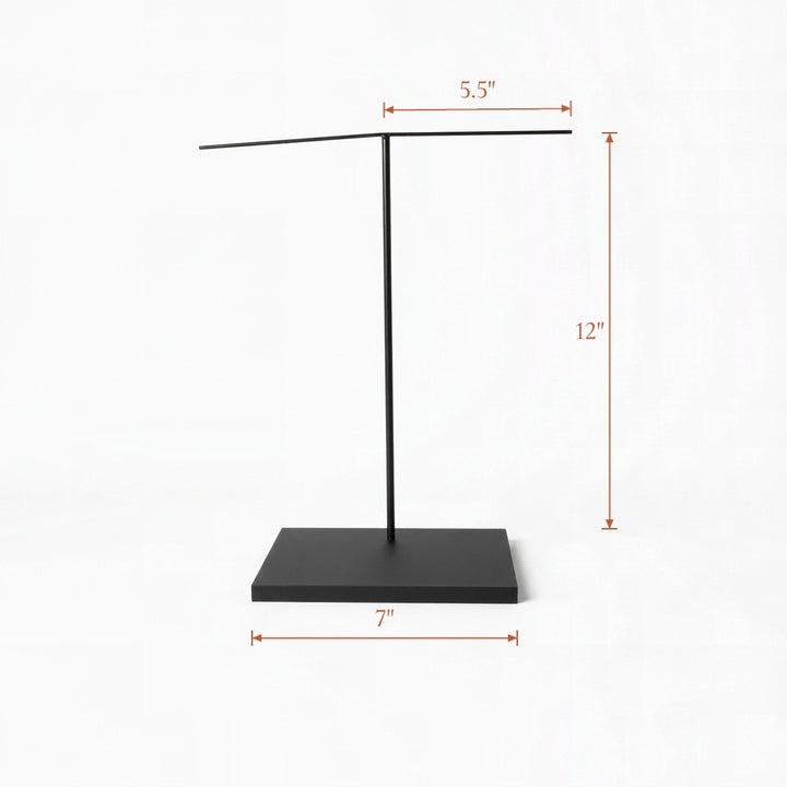 Black mask display stand, T-Arm, 7 inch base, 12 inch pole, two 5.5 inch bendable arms