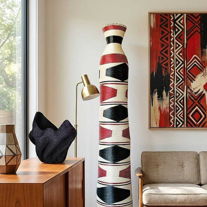 Tall red, black and cream column basket beside a window and a sculptural vessel